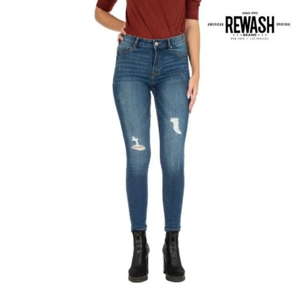 Rewash Brand Women's Ripped Mid Rise Destroyed Skinny Jeans
